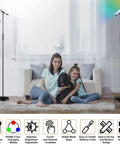 Living room setup with RGB LED Floor Lamp With Remote 36W 3600LM 69 Inch Tall Torchiere, family with dog