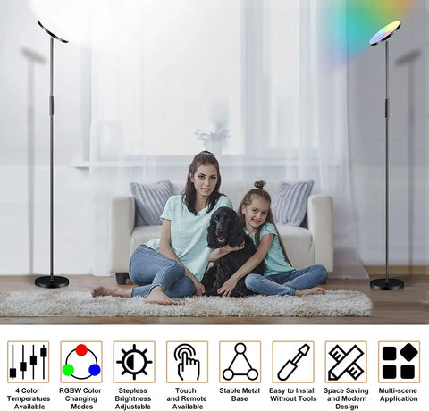 Living room setup with RGB LED Floor Lamp With Remote 36W 3600LM 69 Inch Tall Torchiere, family with dog