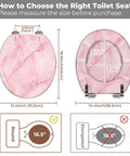 Toilet Seat Round Resin for Bathroom with pink marble design, dimensions 16.5 inches, instruction for size selection.