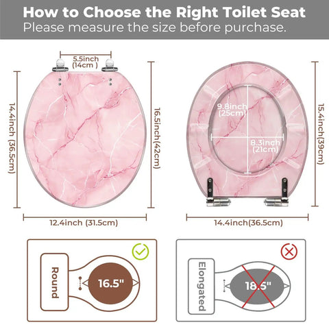 Toilet Seat Round Resin for Bathroom with pink marble design, dimensions 16.5 inches, instruction for size selection.