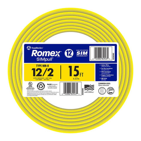 SIMpull Solid Indoor 12/2 W/G NM-B Cable Coil, Easy Pull Romex Wire for Dry Indoor Wiring, Copper Building Wire, 15 ft