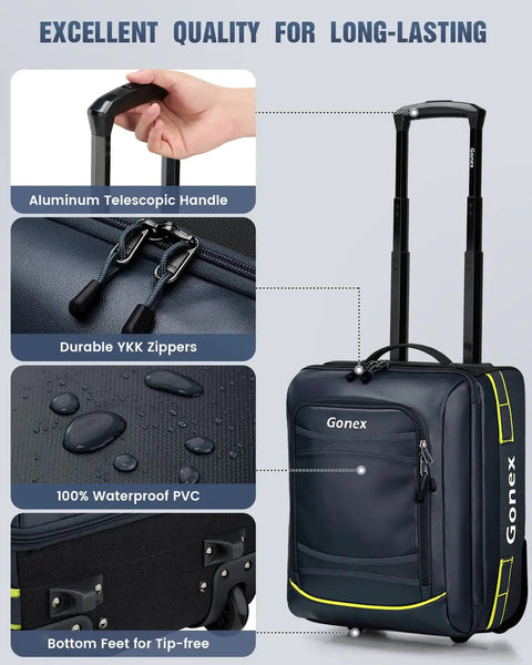 Underseat Carry On Luggage With Wheels 16 Inch 30L Waterproof PVC Weekender Bag with aluminum handle and YKK zippers.