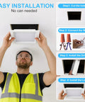 HITOO 8 Inch Square Recessed Ceiling Light, 3CCT, Dimmable, White, 2 Pack installation steps shown with a man installing the light.
