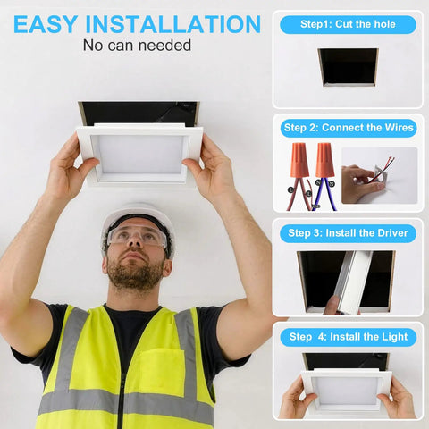 HITOO 8 Inch Square Recessed Ceiling Light, 3CCT, Dimmable, White, 2 Pack installation steps shown with a man installing the light.