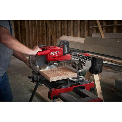 Using Top Tier Dual Bevel Sliding Compound Miter Saw With Brushless Powerplant Ten Inch Cutting Capacity in a workshop.