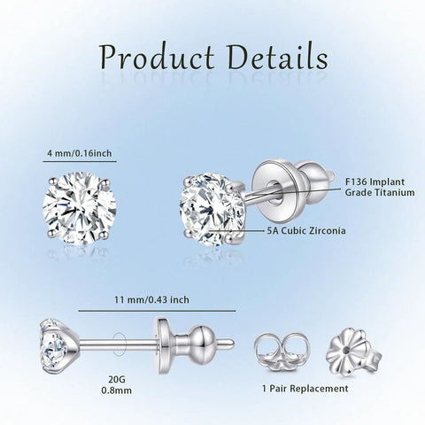 All Day Comfort Hypoallergenic Titanium Earring Set For Sensitive Ears With F136 Implant Grade Titanium 20G Studs Featuring Round Princess Cut Square And Ball Cubic Zirconia For Women And Men Nickel Free Cadmium Free, 4 mm square stud