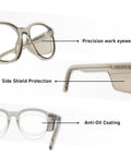 Built Tough Z87 Plus Safety Reading Glasses With Heavy Duty Side Shields And UV400 Blockers Cold Brew, highlighting precision work eyewear features.