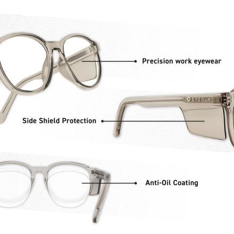 Built Tough Z87 Plus Safety Reading Glasses With Heavy Duty Side Shields And UV400 Blockers Cold Brew, highlighting precision work eyewear features.
