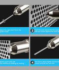 Step-by-step process of using Sumumtor 21V Cordless Electric Rivet Gun for metalworking with rivet and guide nozzle.