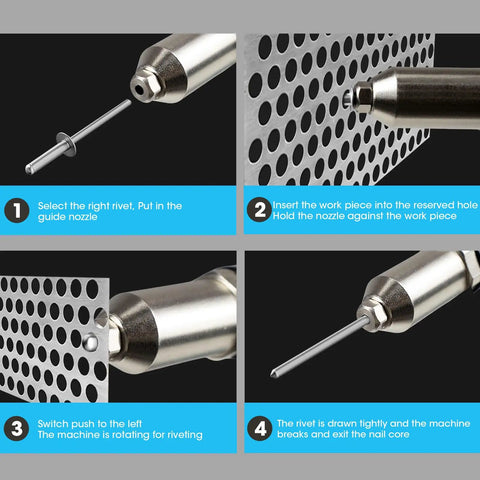 Step-by-step process of using Sumumtor 21V Cordless Electric Rivet Gun for metalworking with rivet and guide nozzle.