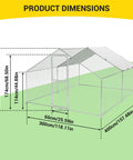 Diagram of huge walk-in metal chicken coop dimensions with heavy-duty poultry cage, waterproof UV-resistant cover, and lockable doors.