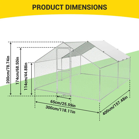 Diagram of huge walk-in metal chicken coop dimensions with heavy-duty poultry cage, waterproof UV-resistant cover, and lockable doors.
