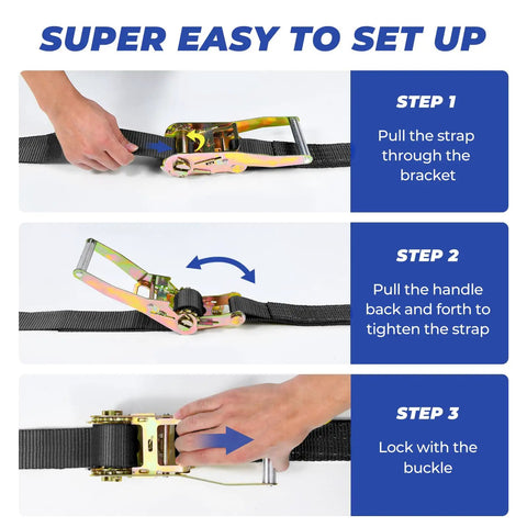 Heavy Duty Car Trailer Ratchet Tie Down Straps With Snap Hooks And Axle Loops 2 Inch Wide 8 Feet Long setup instructions.