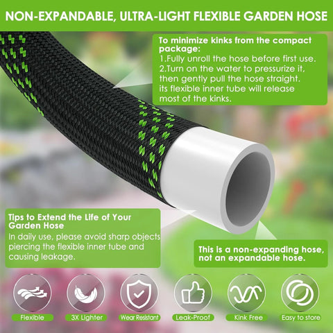 Side view of a black braided FlexiSolve non-expandable garden hose with a white end connector.