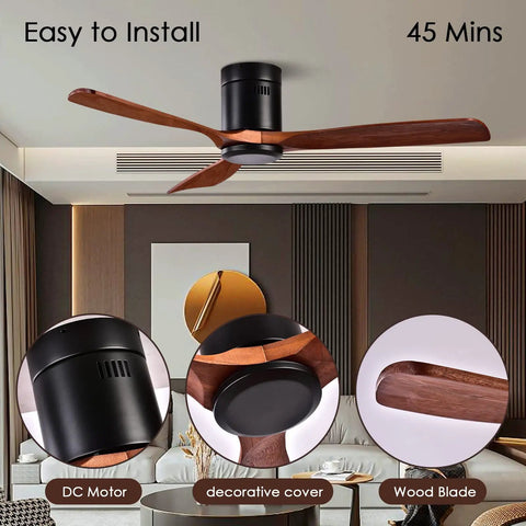 Low Profile 52 Inch Outdoor Ceiling Fan With Remote Control 6 Speeds Whisper Quiet DC Motor Weather Resistant Flush Mount Wood Blades Black Walnut Finish No Light