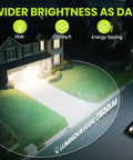 7500 Lumen Motion Sensor Outdoor Flood Light with 3 Adjustable Heads illuminating driveway and house exterior at night, 38W LED.