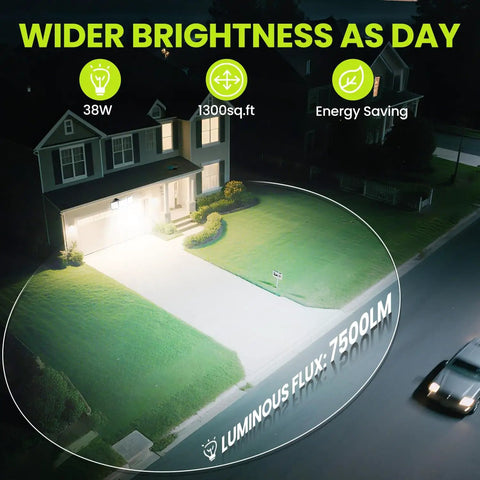 7500 Lumen Motion Sensor Outdoor Flood Light with 3 Adjustable Heads illuminating driveway and house exterior at night, 38W LED.