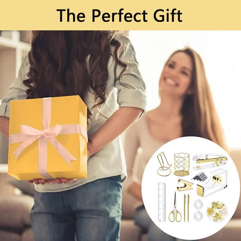 Child presenting gift with Gold Office Desk Kit 13 In 1 With Stapler Tape Dispenser Pen Holder Scissors Staple Remover Binder Clips Ruler