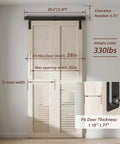 Box Rail Bi Fold Sliding Barn Door Hardware Kit For Two Doors Built To Last With Heavy Duty Aluminum Track Wall Mount Fit 39.6 Inches Opening And 30 To 45 Millimeters Door Thickness No Doors Included shown installed with detailed measurements in room.