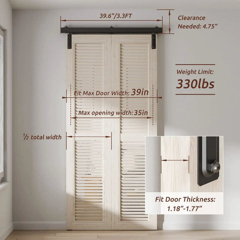Box Rail Bi Fold Sliding Barn Door Hardware Kit For Two Doors Built To Last With Heavy Duty Aluminum Track Wall Mount Fit 39.6 Inches Opening And 30 To 45 Millimeters Door Thickness No Doors Included shown installed with detailed measurements in room.