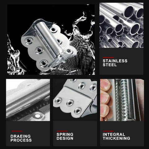 Front view of a 3-piece stainless steel self-closing hinge set for garage screen doors