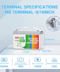 Rugged Road Ready 12V 100Ah LiFePO4 Lithium Battery Group 31 with M8 terminal, dimensions shown, waterproof IP65 rated.