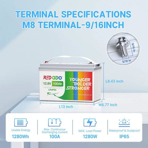 Rugged Road Ready 12V 100Ah LiFePO4 Lithium Battery Group 31 with M8 terminal, dimensions shown, waterproof IP65 rated.