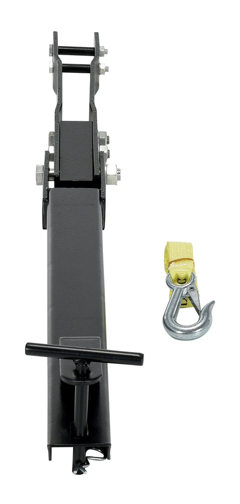 Heavy Duty Steel Tow Bar Kit For All Terrain Pallet Jack Foldable Pin Hitch showing assembly and hook attachment.