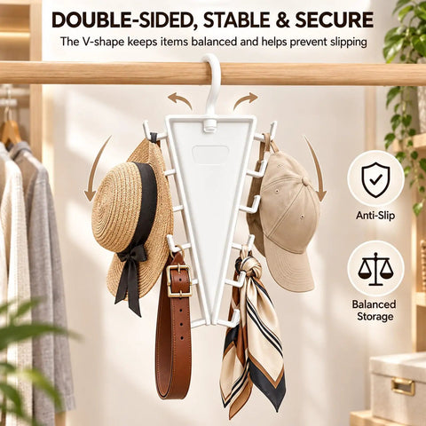 Double Sided Closet Hanger With 360 Degree Slick Spin High Capacity Rotating Rack Featuring Twelve Tangle Free Hooks To Keep Your Favorite Threads On Point And Maximize Storage Space Pack Of Four with hats and accessories hanging.