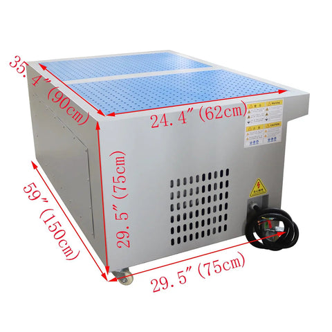 Straight Up Heavy Duty Metal Working Downdraft Table With Dual Drum Dust Collector And Welding Fume Extractor For Industrial Shop Grinding And Multi Stage Filtration 3KW 220V side view with dimensions shown