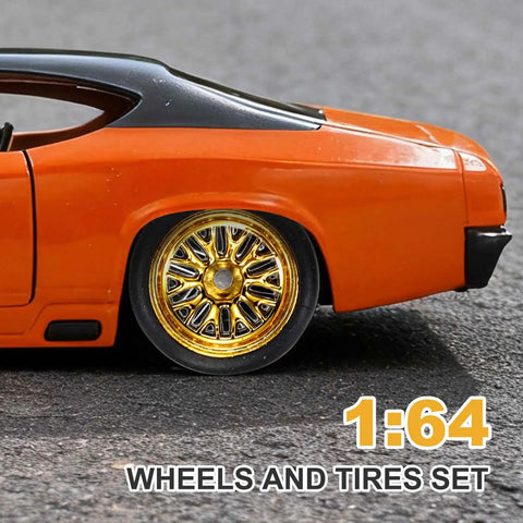 Four Piece 1 To 64 Scale Wheel And Tire Set With Real Riders Rims And Axles For RC Diecast Cars DIY Model Upgrades in gold detail