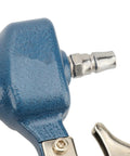 Close-up of heavy duty pneumatic brad nailer and air staple gun featuring blue cast aluminum housing and connector.