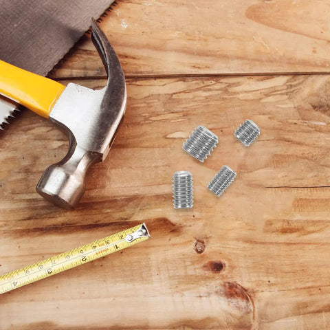 200 Pcs Stainless Steel Screw Set M3 M8 Flat Grub Screws 304 Alloy Fasteners For Doors Shop Smooth Threads Perfect Diy And Pro Techs Loving Solid Work Done Right With Heavy Duty Gear To Crush It Hard. stainless steel grub screws on wood with hammer and tape measure