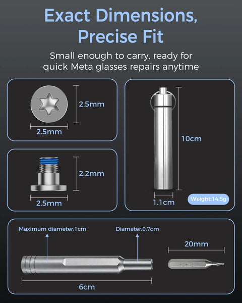 Dimensions of Clean Fit Eyeglass Screwdriver And Precision Screw Kit For Ray Ban Meta And Oakley Meta Gen 1 2 showcased with sizes.