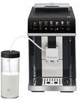 Heavy Hitter Fully Automatic Espresso Maker Featuring Bright Color Touchscreen, with milk container and frother attachment.