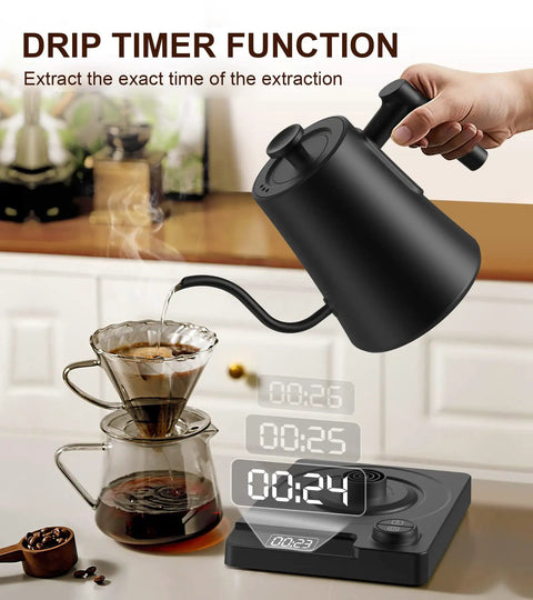 Gooseneck Electric Kettle With Precise Temperature Control And Keep Warm For Pour Over Coffee And Tea in use, black finish, 1.0L size.