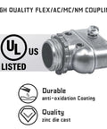 Duplex 3/8 In Wire Box Connector Set for Flex AC MC NM Cables, zinc die-cast fitting, UL listed, features durable anti-oxidation coating