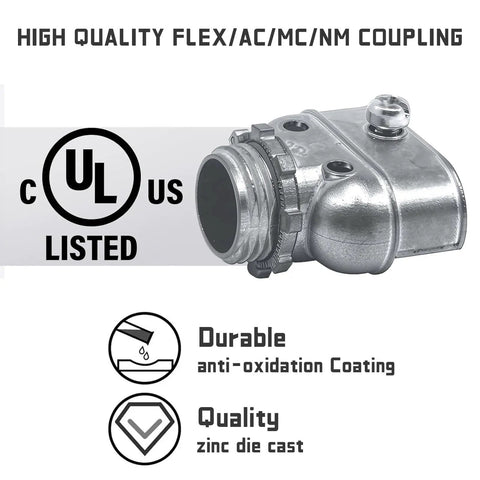 Duplex 3/8 In Wire Box Connector Set for Flex AC MC NM Cables, zinc die-cast fitting, UL listed, features durable anti-oxidation coating