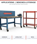 4 Pack Industrial Heavy-Duty Leveling Casters 2200 Lbs Capacity Adjustable Hex Plate Swivel Wheels on workbench and storage racks.