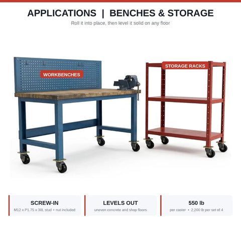 4 Pack Industrial Heavy-Duty Leveling Casters 2200 Lbs Capacity Adjustable Hex Plate Swivel Wheels on workbench and storage racks.