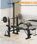 Versatile 7 In 1 Weight Bench For Home Gym With 1000Lb Capacity showing dimensions and foldable design in room setting