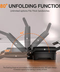 180 degree swivel feature of 1000W Panini press, showing versatile cooking options for thick sandwiches and grilling.