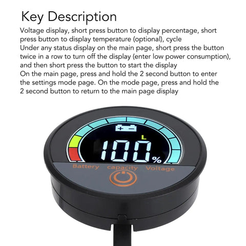 Real Time Battery Capacity And Voltage Meter with LCD color display showing 100% battery for motorcycles, e-bikes, and scooters.