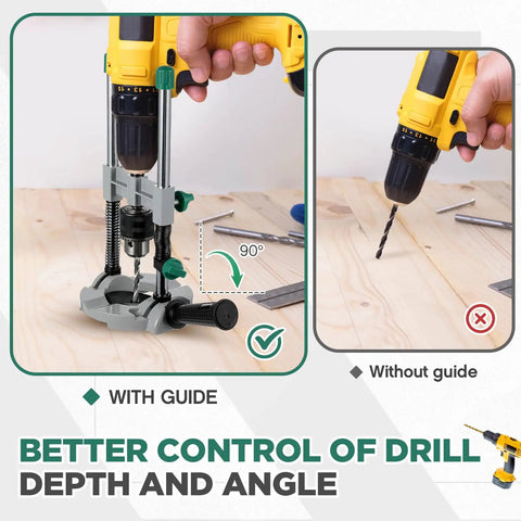 Must Have Portable Drill Guide Attachment For Hand Drilling Multi Angle Drill Press With One Quarter Inch And Three Eighths Inch Chucks Adjustable From Forty Five To Ninety Degrees For Precise Straight Or Angled Holes Black shown in use with and without guide.