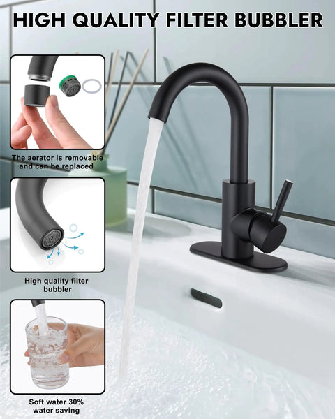 Single Hole Bar Sink Faucet Matte Black With 360 Degree Swivel Spout 304 Stainless Steel One Hole Bathroom Vanity Faucet Deck Plate Included And Pop Up Drain Ideal For Kitchen RV And Patio