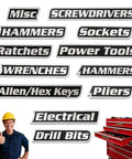 12 Pack Magnetic Toolbox Labels With Ultra Strong Embedded Magnets For Steel Surfaces No Fuss Reusable 3D Printed Tool Organizer Tags For Tool Chests Rolling Carts Drawers Cabinets In Black shown with labels like 'Wrenches' and 'Pliers'
