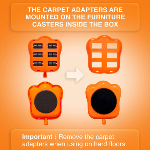 Heavy Duty Furniture Lifter And Moving Kit Lift And Glide Couches Beds And Appliances No Back Strain Move Easy Four Roller Sliders Each 660 Lbs Adjustable Height Lifter Carpet Adapters For All Floor Types showing carpet adapters and rollers.