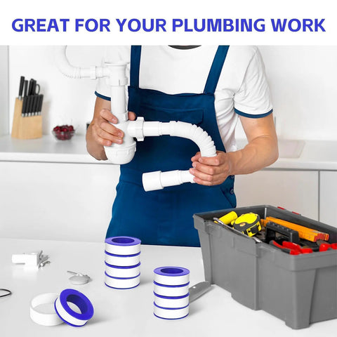 Plumber holding pipe with 12 Rolls PTFE Teflon Tape For Plumbers 1/2 Inch By 520 Inches beside tool box on counter.