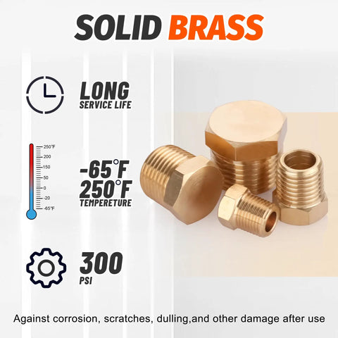 Brass Hex Pipe Plug Fittings Kit With Four Sizes One Eighth Inch One Quarter Inch Three Eighth Inch One Half Inch NPT Male Threaded