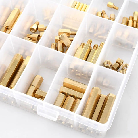 Brass Hex Spacers And Standoffs Kit 210 Piece Assortment For M2 M3 M4 M5 With Male And Female Threads Screws Nuts in box